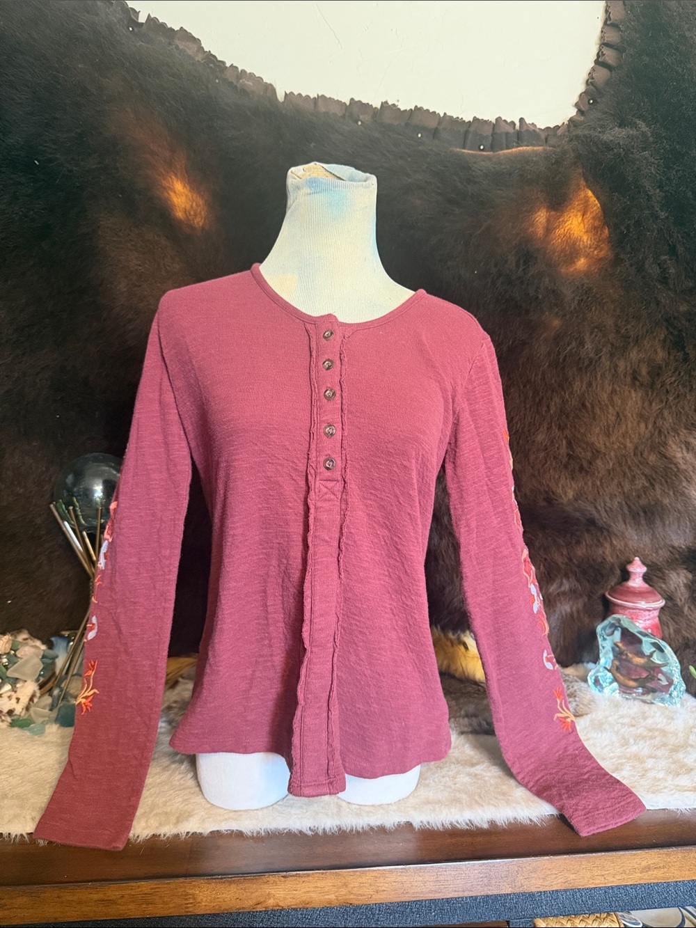 Women's Long Sleeve Knit Top - Mauve Pink with Embroidered Sleeves S (4700)